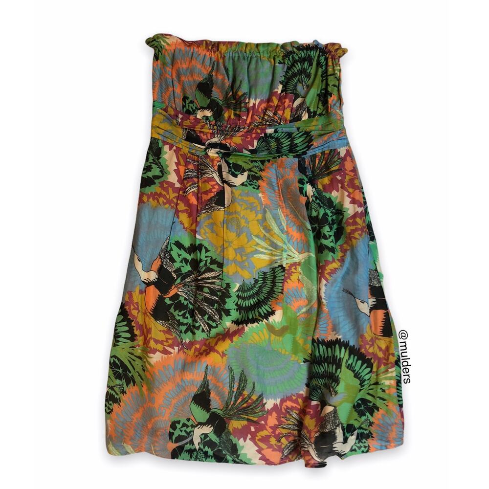Haven Sleeveless Strapless Tropical Summer Colorful Bird Dress Small